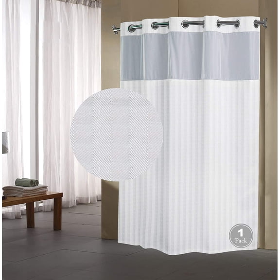 Hook Less Shower Curtains with Liner 71x74 Inch Herringbone Pattern Two Layers Fabric Shower Curtains Replaceable Lining Water Resistant, 1 Pack