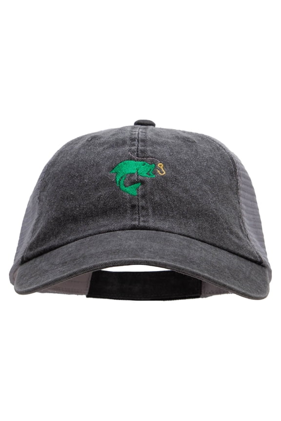 Hook Link and Fish Embroidered Washed Trucker Cap - Black Grey OSFM