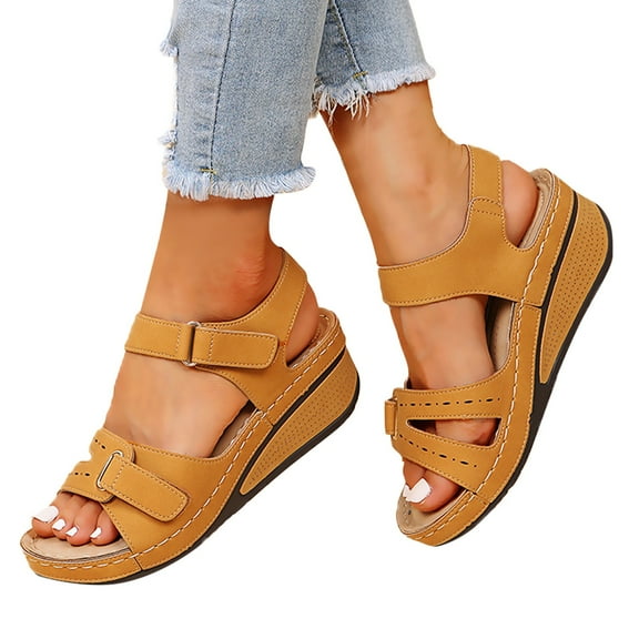 Hook And Loop Fastener womens shoes Strap Wedge mother day gift Sandals For Women Ladies Fuzzy Sandals for Women Girls Comfortable Womens Sandals Wide Width Wedges Sandals Causal Big Buckle Sanda