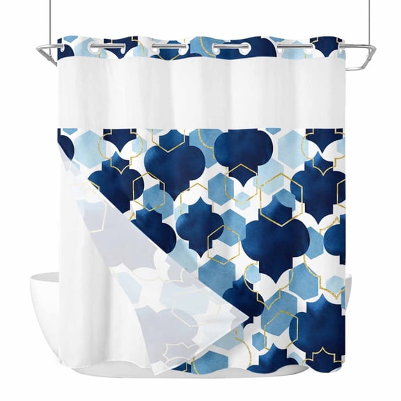 No Hook Navy Blue Geometric Moroccan Shower Curtain with Snap in Liner Set, Abstract Art Blue Ombre Modern Waterproof Bathroom Curtains with See Through Top Window, Hotel Style Long 72 x 78 Inch