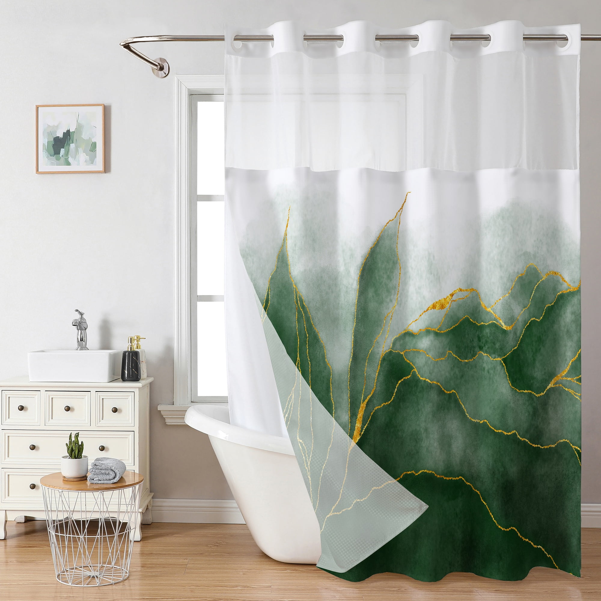No Hook Ombre Green Gold Marble Shower Curtain and Liner Set, Sage Green Shower Curtain with Snap Liner, Emerald Green Waterproof Curtain with Mesh Top Window, Modern Decor for Bathroom 71" X 74"
