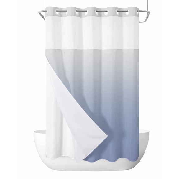 No Hook Ombre Grey Blue Shower Curtain with Snap in Liner Set, Abstract Art Waterproof Fabric Bathroom Curtains with See Through Top Window, Hotel Style Small 36 x 72 Inch