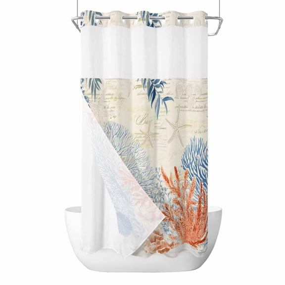 No Hook Orange Navy Blue Coral Shower Curtain with Snap in Liner Set, Summer Beach Coastal Retro Waterproof Fabric Bathroom Curtains with See Through Top Window, Hotel Style Small 36 x 78 Inch