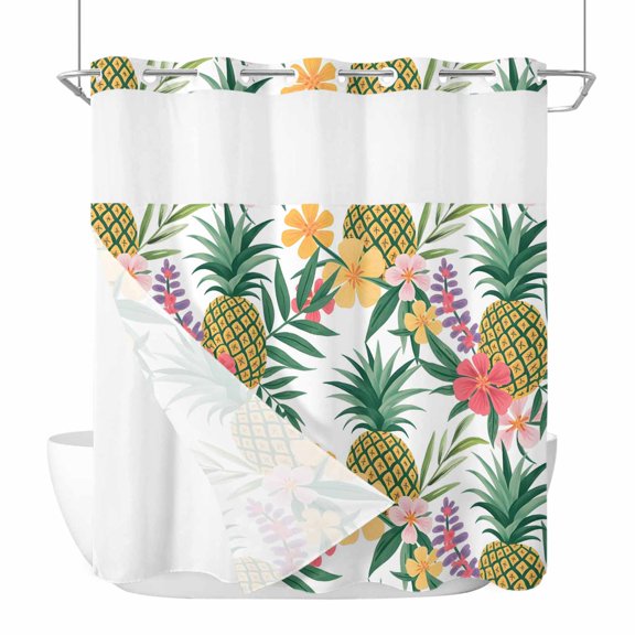 No Hook Pineapple Shower Curtain with Snap in Liner Set, Summer Nature Tropical Fruit Flowers Leaves Waterproof Fabric Bathroom Curtains with See Through Top Window, Hotel Style Standard 72 x 72 Inch