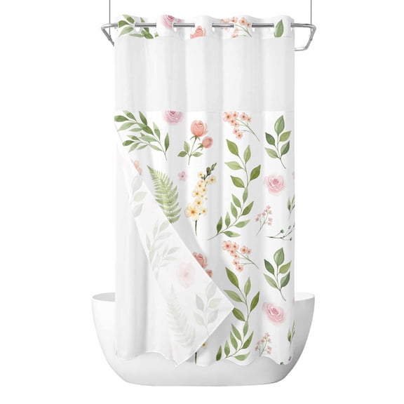 No Hook Pink Green Botanical Shower Curtain with Snap in Liner Set, Spring Watercolor Floral Leaf Plant Waterproof Fabric Bathroom Curtains with See Through Top Window, Hotel Style Small 36 x 78 Inch