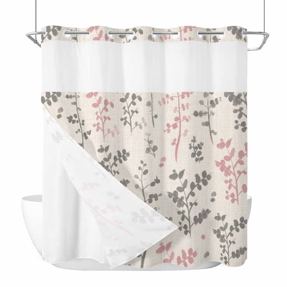 No Hook Pink Grey Botanical Shower Curtain with Snap in Liner Set, Rustic Country Spring Floral Summer Leaf Waterproof Bathroom Curtains with See Through Top Window, Hotel Style Modern 66 x 72 Inch