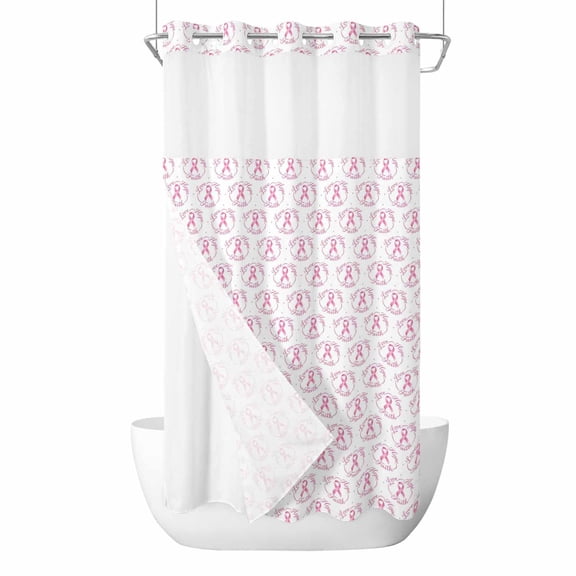 No Hook Pink String Shower Curtain with Snap in Liner Set, Spring Breast Cancer Awareness Waterproof Fabric Bathroom Curtains with See Through Top Window, Hotel Style Small 36 x 78 Inch