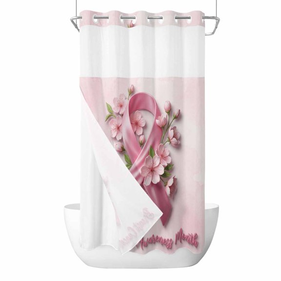 No Hook Pink String Shower Curtain with Snap in Liner Set, Spring Chic Flowers Breast Cancer Awareness Waterproof Fabric Bathroom Curtains with See Through Top Window, Hotel Style Small 36 x 72 Inch