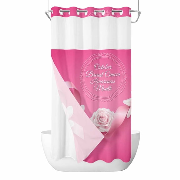 No Hook Pink String Shower Curtain with Snap in Liner Set, Spring Flowers Breast Cancer Awareness Waterproof Fabric Bathroom Curtains with See Through Top Window, Hotel Style Small 36 x 72 Inch