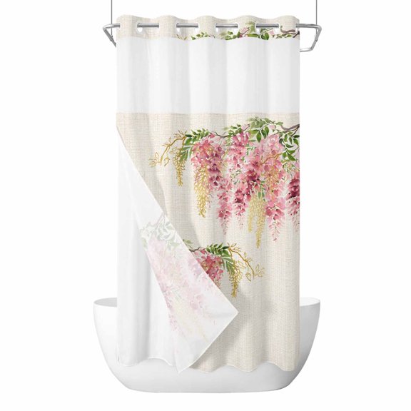 No Hook Pink Weeping Floral Shower Curtain with Snap in Liner Set, Spring Summer Pastoral Flowers Rustic Waterproof Bathroom Curtains with See Through Top Window, Hotel Style Small 36 x 72 Inch