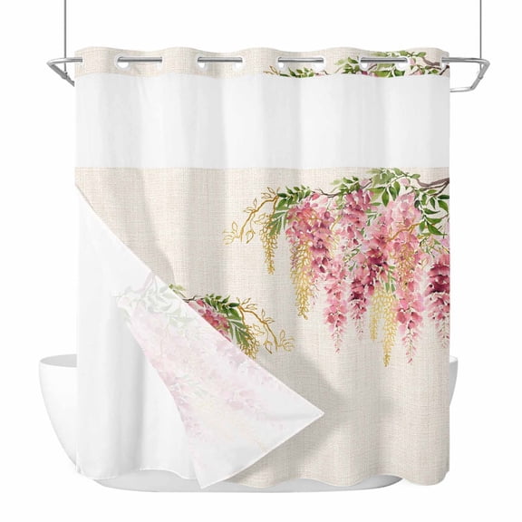 No Hook Pink Weeping Floral Shower Curtain with Snap in Liner Set, Spring Summer Pastoral Flowers Rustic Waterproof Bathroom Curtains with See Through Top Window, Hotel Style Standard 72 x 72 Inch