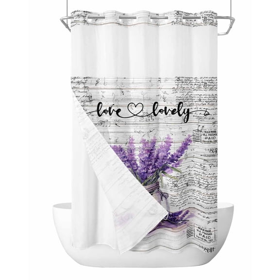 No Hook Purple Spring Floral Shower Curtain with Snap in Liner Set, Lavender Vintage Summer Botanical Waterproof Fabric Bathroom Curtains with See Through Top Window, Hotel Style Small 36 x 72 Inch