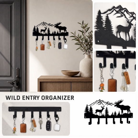 Hook Rack Wall Mount, Coat Rack Wall Mount, Hat Rack for Wall, Key Hanger Wall Mount, 12X6 Inch Black Metal Mountain Pine Tree Moose Two Deer Silhouette Wall Art Decor, 6 Heavy