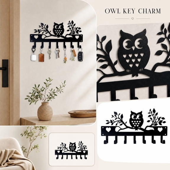 Hook Rack Wall Mount, Decorative Wall Hook, Key Rack Wall Mount, Towel Rack Wall Mounted, Black Owl Metal Art Wall Decor 12X6 In, 7 Hook Design for Entryway, Bedroom, Back of Door