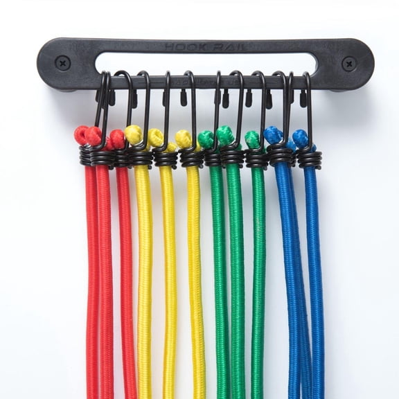 Hook Rail - 2/pk - Organize Your Tie-Down Straps (Ratchet, Cam buckle, Bungee Cords, and more) A low-profile wall-mounted cargo strap management solution for your enclosed trailer, garage, or home.