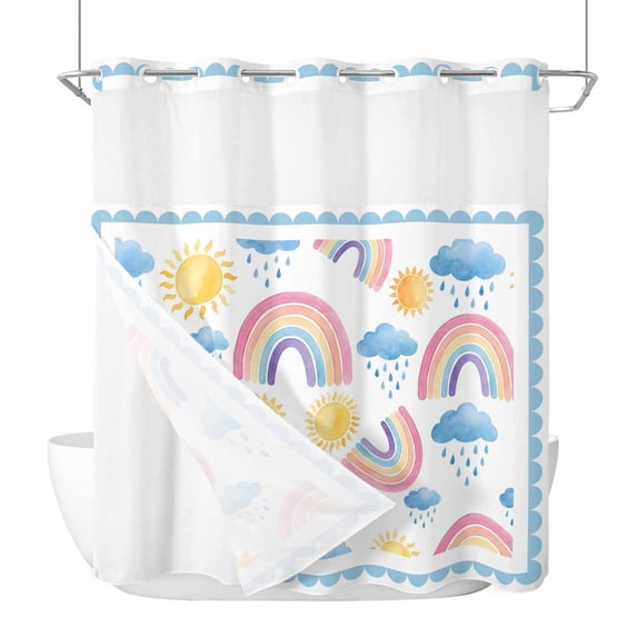 No Hook Rainbow Sunshine Shower Curtain with Snap in Liner Set, Rainy Cute Blue Border Waterproof Fabric Bathroom Curtains with See Through Top Window, Hotel Style Long 72 x 78 Inch