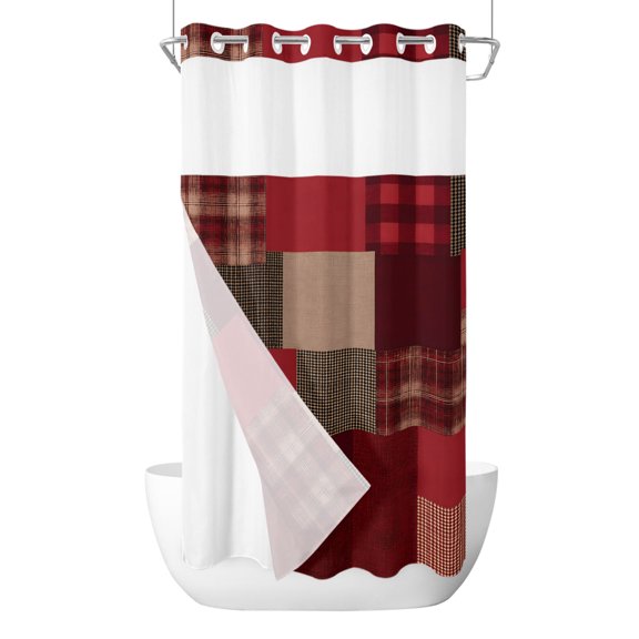 No Hook Red Gingham Shower Curtain with Snap in Liner Set, Abstract Buffalo Plaid Solid Color Patchwork Waterproof Fabric Bathroom Curtains with See Through Top Window, Hotel Style Small 36 x 72 Inch