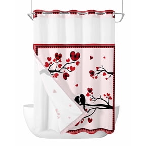 No Hook Red Love-Bird, Shower Curtain with Snap in Liner Set, Valentine's Day Saint Tree Romantic Heart Waterproof Fabric Bathroom Curtains with See Through Top Window, Hotel Style Stall 48 x 72 Inch