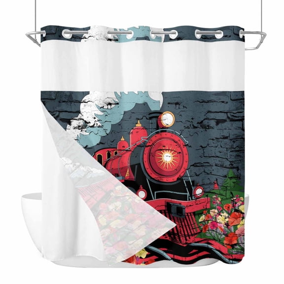 No Hook Red Trains Shower Curtain with Snap in Liner Set, Shabby Chic Cartoon Retro Flowers Artwork Waterproof Fabric Bathroom Curtains with See Through Top Window, Hotel Style Standard 72 x 72 Inch