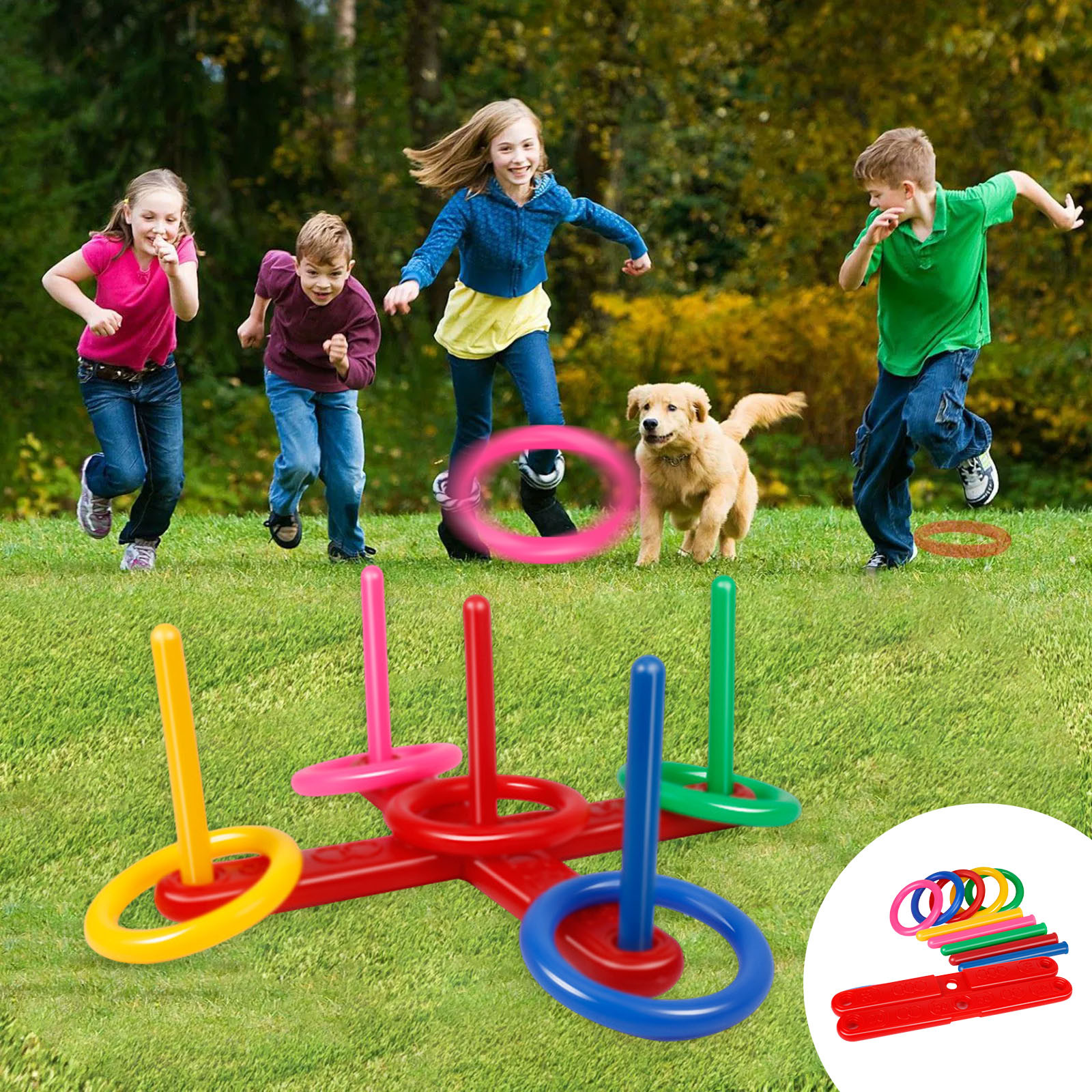 Juego de gancho y anillo para exteriores, anillo para exteriores, juguetes de lanzamiento de anillos para padres e hijos, set de juego de lanzamiento de aro con estacas para césped, fiestas y actividades de carnaval (multicolor)