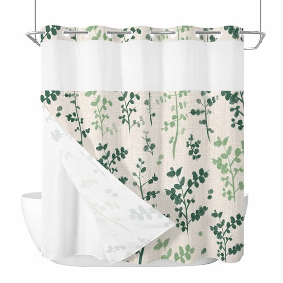 No Hook Sage Green Botanical Shower Curtain with Snap in Liner Set, Rustic Country Spring Floral Summer Leaf Waterproof Bathroom Curtains with See Through Top Window, Hotel Style Modern 66 x 72 Inch