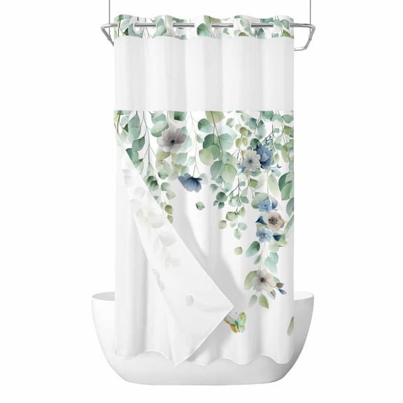 No Hook Sage Green Eucalyptus Shower Curtain with Snap in Liner Set, Weeping Botanical Farmhouse Leaves Waterproof Fabric Bathroom Curtains with See Through Top Window, Hotel Style Small 36 x 72 Inch