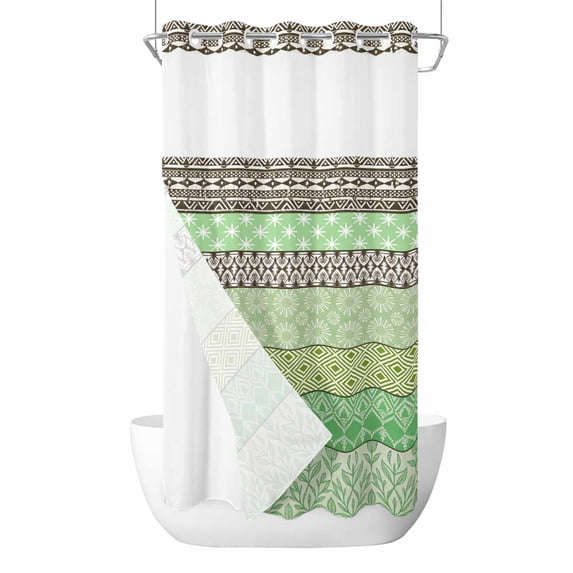 No Hook Sage Green Grey Boho Shower Curtain with Snap in Liner Set, Vintage Ethnic Tribe Abstract Art Waterproof Fabric Bathroom Curtains with See Through Top Window, Hotel Style Stall 54 x 78 Inch