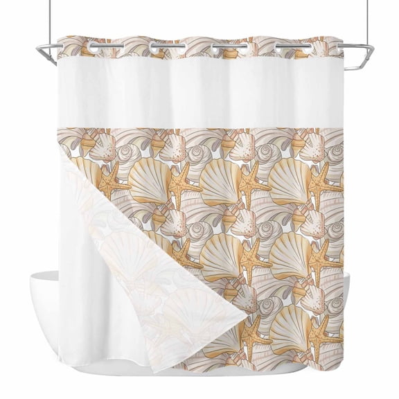 No Hook Shell Coastal Shower Curtain with Snap in Liner Set, Vintage Ocean Starfish Seaside Waterproof Fabric Bathroom Curtains with See Through Top Window, Hotel Style Standard 72 x 72 Inch
