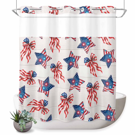 No Hook Shower Curtain, 250th Anniversary Shower Curtains for Bathroom with See Through Top Window, 4th of July Blue Red Stars Bow Gray Wood Waterproof & Washable Bath Curtain Long 72"x78"