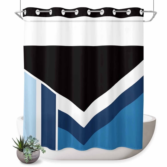 No Hook Shower Curtain, Abstract Blue Black Shower Curtains for Bathroom with See Through Top Window, Modern Geometric Color Blocks Waterproof & Washable Bath Curtain 66"x72"