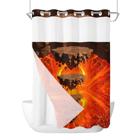 No Hook Shower Curtain, Abstract Floating Rocks Stall Bathroom Curtains with Snap in Liner, Red Lava Modern Minimalist Artistic Waterproof Washable Fabric Shower Curtain Set, 48" x 72"