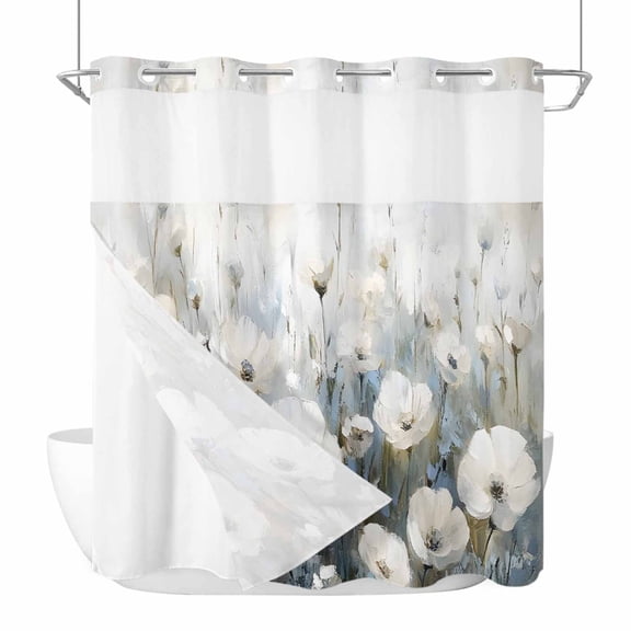 No Hook Shower Curtain, Abstract Flowers Long Bathtub Curtains with Snap in Liner, Farmhouse Oil Painting Floral Herbs Waterproof Washable Fabric Bathroom Curtain Sets, 72"W x 78"L