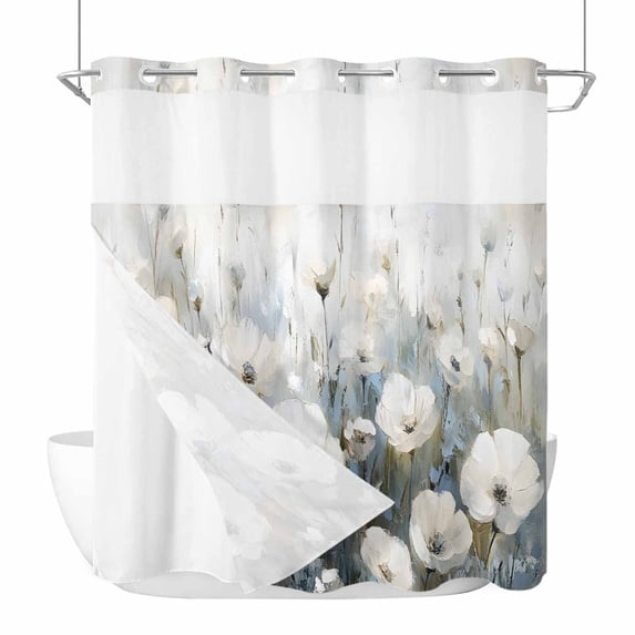 No Hook Shower Curtain, Abstract Flowers Long Bathtub Curtains with Snap in Liner, Farmhouse Oil Painting Floral Herbs Waterproof Washable Fabric Bathroom Curtain Sets, 72"W x 78"L