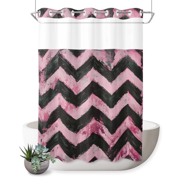 No Hook Shower Curtain, Abstract Pink Shower Curtains for Bathroom with See Through Top Window, Geometric Zigzag Waves Bohemian Stripes Waterproof & Washable Bath Curtain 60"x72"