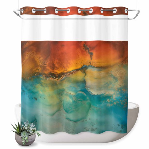 No Hook Shower Curtain, Abstract Shower Curtains for Bathroom with See Through Top Window, Orange Teal Green Gradient Fluid Modern Oil Painting Waterproof & Washable Bath Curtain 66"x72"