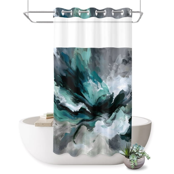 No Hook Shower Curtain, Abstract Teal Shower Curtains for Bathroom with See Through Top Window, Modern Geometric Grey Green Waves Waterproof & Washable Bath Curtain Small Stall 36"x78"