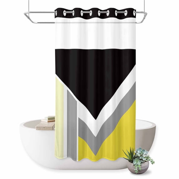 No Hook Shower Curtain, Abstract Yellow Black Shower Curtains for Bathroom with See Through Top Window, Modern Geometric Color Blocks Waterproof & Washable Bath Curtain Stand Up Stall 36"x72"