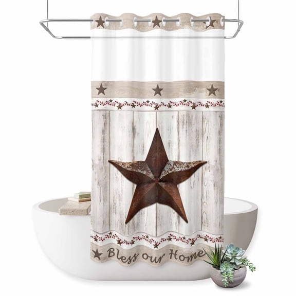 No Hook Shower Curtain, American Country Shower Curtains for Bathroom with See Through Top Window, Farmhouse Barn Star Brown Berry Waterproof & Washable Bath Curtain Stand Up Stall 36"x72"