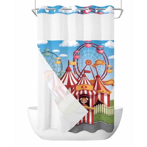 No Hook Shower Curtain, Amusement Park Small Shower Curtains with Snap in Liner, Cute Cartoon Wheelwheels Circus Waterproof Washable Fabric Bathroom Curtain Set, 36" x 78"