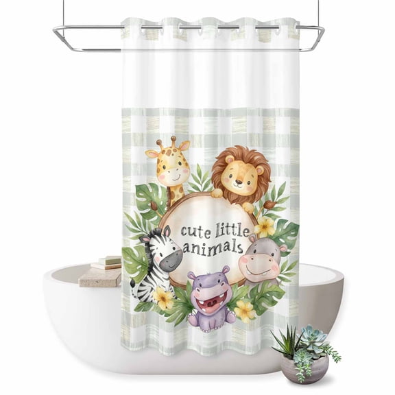 No Hook Shower Curtain, Animal Family Shower Curtains for Bathroom with See Through Top Window, Lions Zebras Giraffes Tropical Palm Green Waterproof & Washable Bath Curtain Stand Up Stall 36"x72"