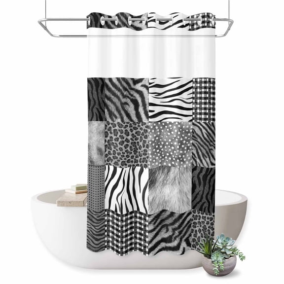 No Hook Shower Curtain, Animal Fur Print Shower Curtains for Bathroom with See Through Top Window, Grey Black Giraffe Zebra Striped Plaid Waterproof & Washable Bath Curtain Stand Up Stall 36"x72"