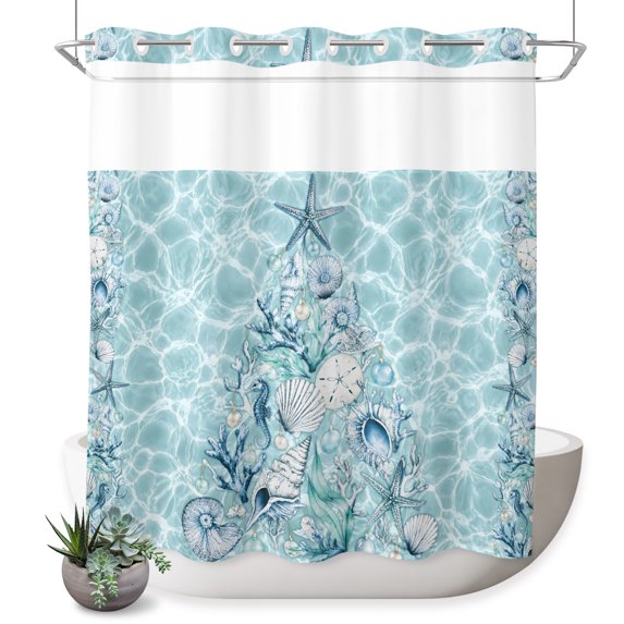 No Hook Shower Curtain, Aqua Coastal Shower Curtains for Bathroom with See Through Top Window, Starfish Coral Waves Beach Summer Waterproof & Washable Bath Curtain Standard 72"x72"