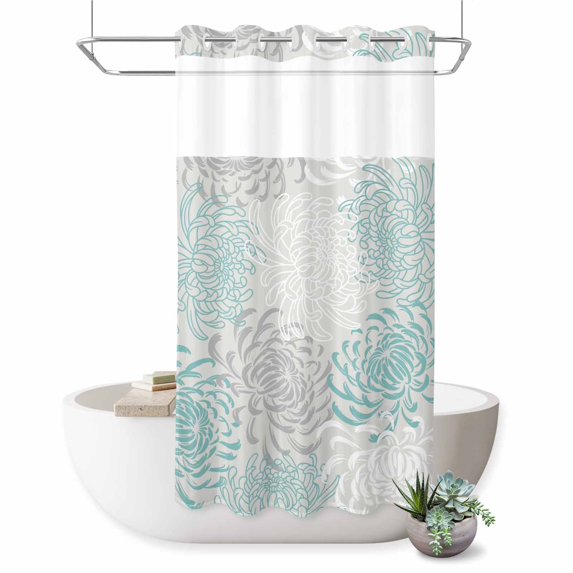 No Hook Shower Curtain, Aqua White Shower Curtains for Bathroom with See Through Top Window, Abstract Grey Chrysanthemum Flower Floral Waterproof & Washable Bath Curtain Small Stall 36"x78"