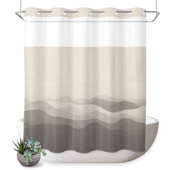 No Hook Shower Curtain for Bathroom, Grey Beige Ombre Waterproof Hotel Quality Shower Curtains, Minimalist Ocean Waves Linen Single Layer & Mesh Top Washable Fabric Bath Curtain Decor 72''x72''