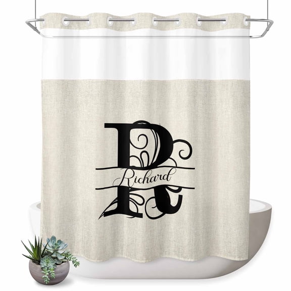 No Hook Shower Curtain for Bathroom, Letter R Waterproof Hotel Quality Shower Curtains, Monogram Words Single Layer & Mesh Top Washable Fabric Bath Curtain Decor 72''x72''