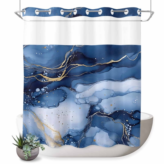 No Hook Shower Curtain for Bathroom, Marble Blue Waterproof Hotel Quality Shower Curtains, Modern Gradient Gold Waves Nature Cracked Single Layer & Mesh Top Washable Fabric Bath Curtain 72''x78''