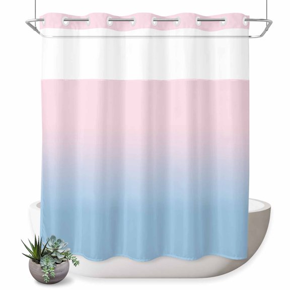 No Hook Shower Curtain for Bathroom, Pink Blue Ombre Waterproof Hotel Quality Shower Curtains, Pink Gradient Color Modern Abstract Art Single Layer & Mesh Top Washable Fabric Bath Curtain 72''x72''