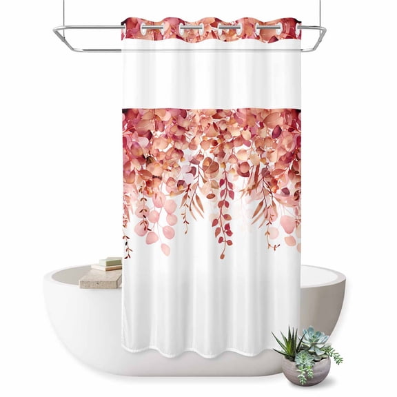 No Hook Shower Curtain for Bathroom, Red Eucalyptus Leaves Waterproof Hotel Quality Shower Curtains, Spring Floral Summer Botanical Single Layer & Mesh Top Washable Fabric Bath Curtain 36''x72''