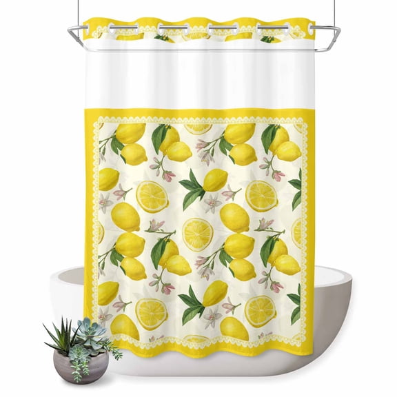 No Hook Shower Curtain for Bathroom, Yellow Summer Lemon Waterproof Hotel Quality Shower Curtains, Summer Botanical Watercolor Single Layer & Mesh Top Washable Fabric Bath Curtain Decor 72''x84''
