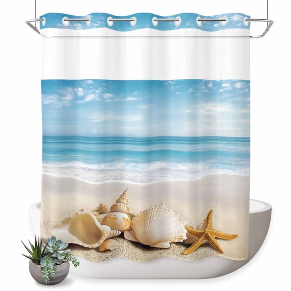 No Hook Shower Curtain, Beach Coastal Shower Curtains for Bathroom with See Through Top Window, Summer Nautical Seaside Starfish Shell Waterproof & Washable Bath Curtain Long 72"x78"